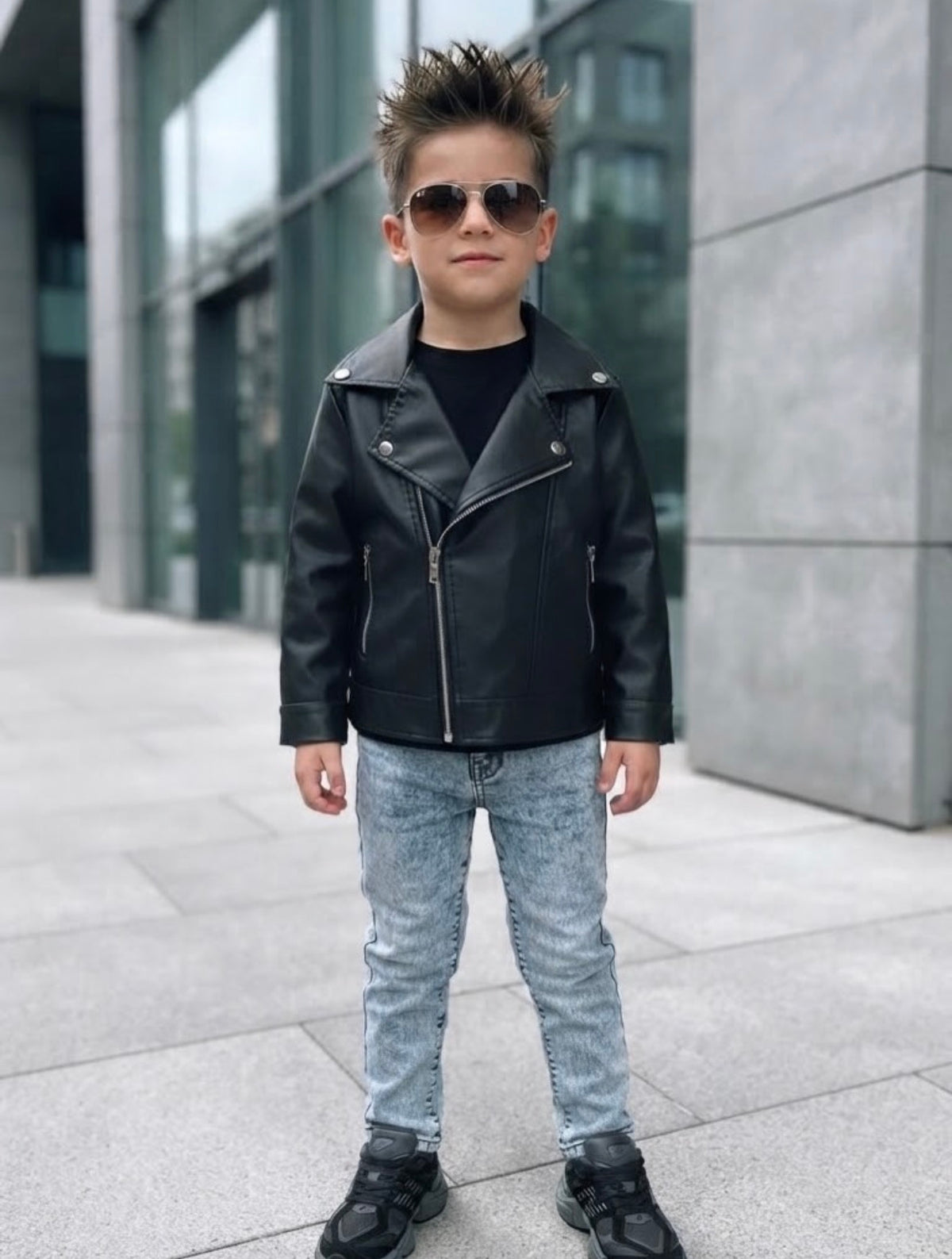 Elegantni kompletić sa kožnom jaknom i Baggy pantalonama